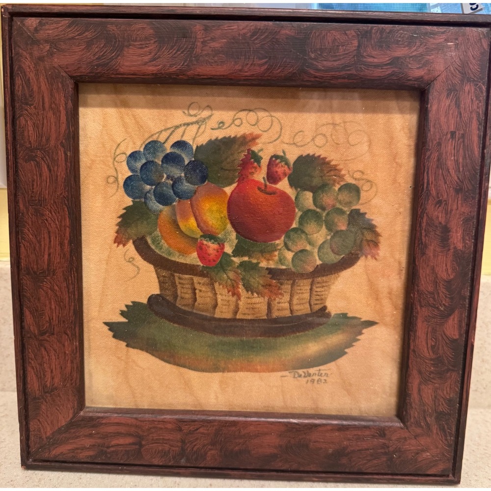 Vintage PA Folk Art Theorem Painting Velvet Signed DeVerter 1982 10x10